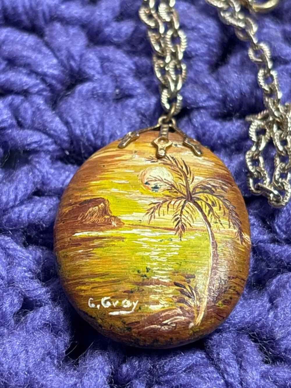Vintage Hand Painted Stone Pendant Necklace Beach Ocean Scene Sunset Goldtone